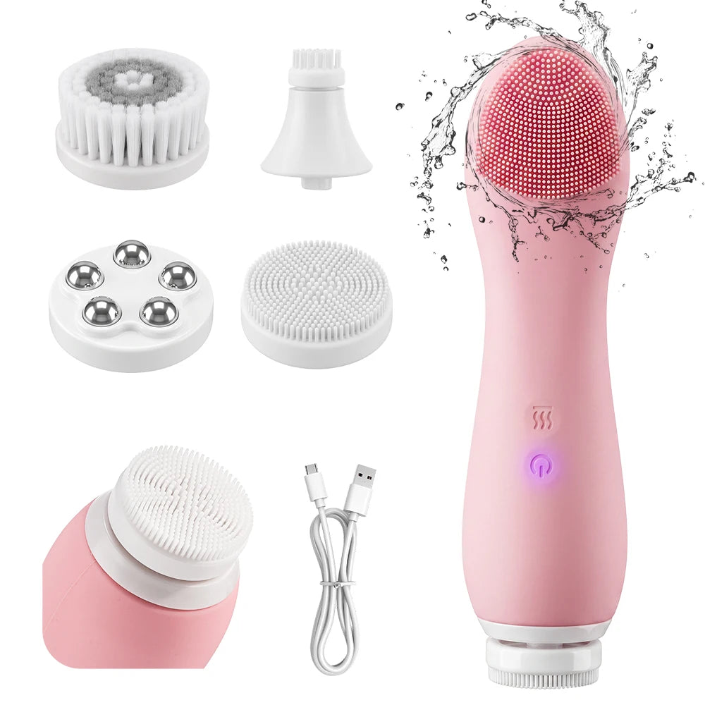 Electric Sonic Waterproof Facial Cleansing Brush Rechargeable Hot compress Deep Pore Cleaner Silicone Cleanse Skincare Device