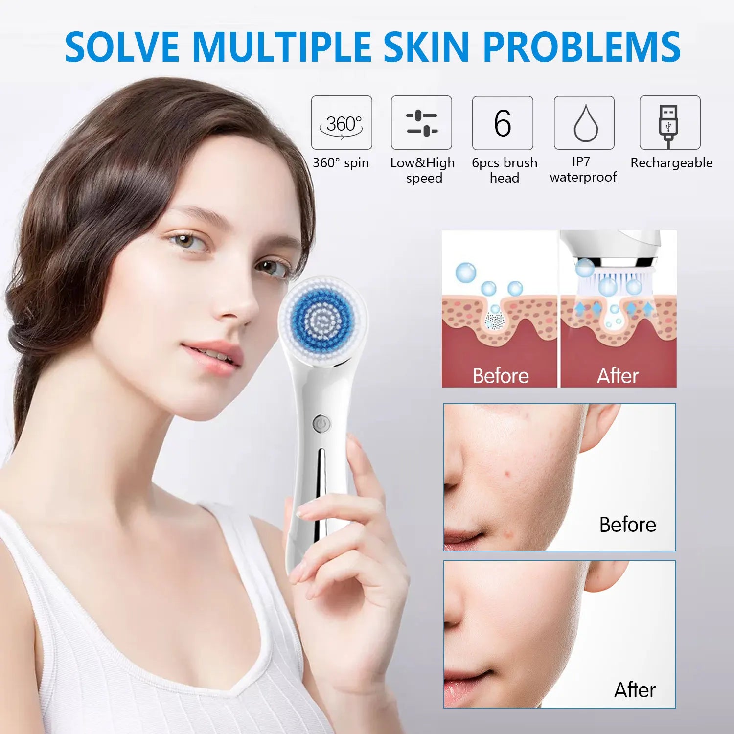 Facial Cleansing Brush, 2 in 1 Waterproof IPX7 Facial Spin Scrubber Set with 4 Brush Heads, Rechargeable Exfoliating Face Brush