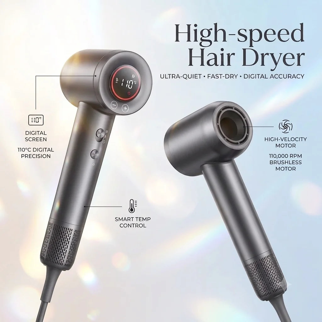 High-speed Hair Dryer 110000RPM, Low-noise Brushless Motor, 5-speed Control with Magnetic Diffuser and Nozzle, Suitable for Travel Salon, Ideal Gift for Women