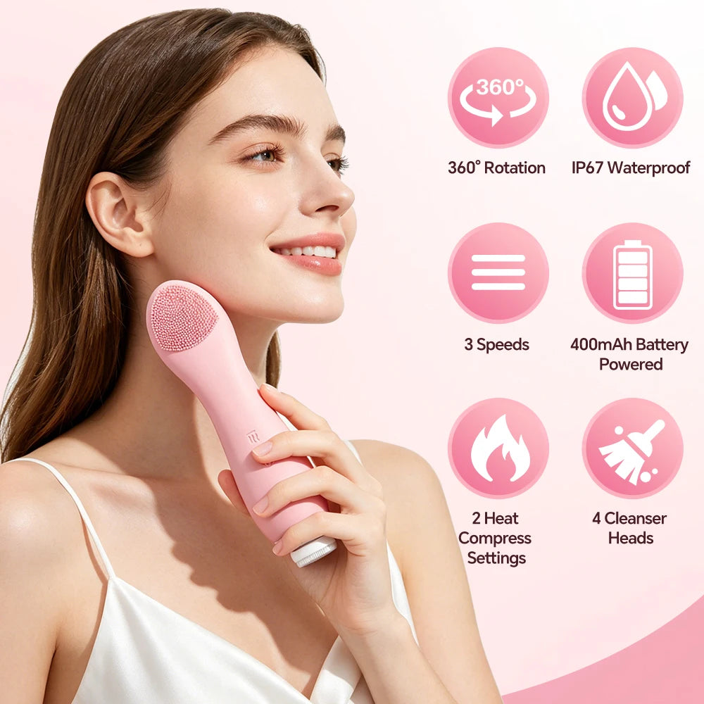 Electric Sonic Waterproof Facial Cleansing Brush Rechargeable Hot compress Deep Pore Cleaner Silicone Cleanse Skincare Device